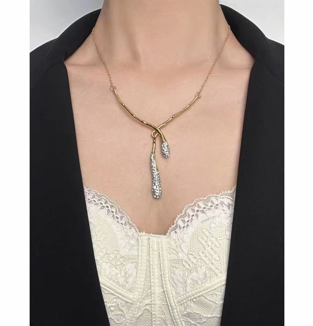 Alexis Bittar Gold Tone Sculptural Twig Branch Lariat Y‑Necklace Pave Crystal